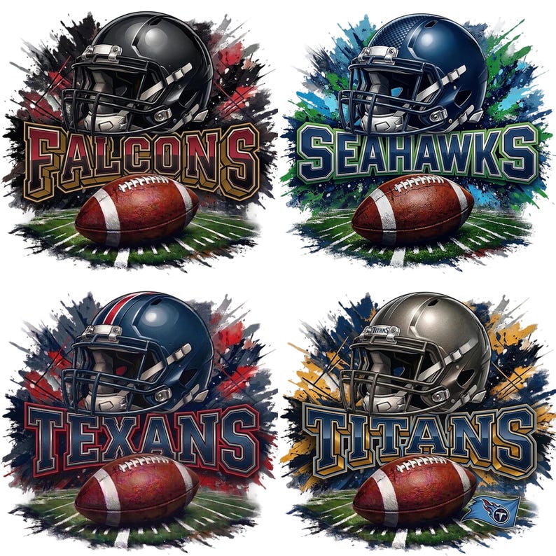May include: Four sports-themed designs featuring football helmets and footballs. The designs include the team names: Falcons, Seahawks, Texans, and Titans. Each design has a unique color scheme and background.