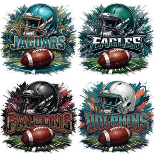 May include: Four digital illustrations featuring football helmets and footballs. Each design includes a team name: Jaguars, Eagles, Falcons, and Dolphins. The helmets are in team colors, and the footballs are brown. The background has a splash effect.