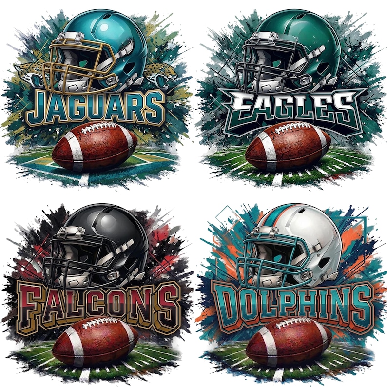 May include: Four digital illustrations featuring football helmets and footballs. Each design includes a team name: Jaguars, Eagles, Falcons, and Dolphins. The helmets are in team colors, and the footballs are brown. The background has a splash effect.