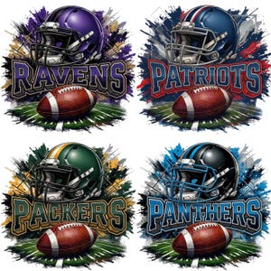 May include: Four sports-themed designs featuring football helmets and footballs. The designs include the team names "Ravens", "Patriots", "Packers", and "Panthers". Each design has a football helmet, a football, and the team name in bold letters.