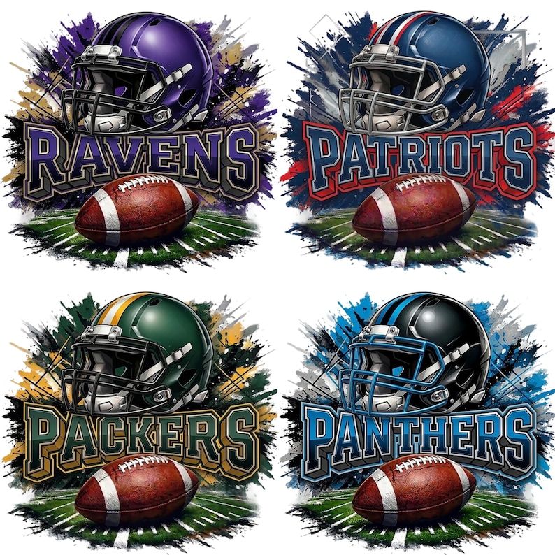 May include: Four sports-themed designs featuring football helmets and footballs. The designs include the team names "Ravens", "Patriots", "Packers", and "Panthers". Each design has a football helmet, a football, and the team name in bold letters.