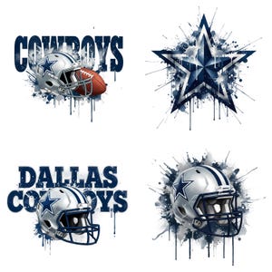 May include: A collection of four digital illustrations featuring Dallas Cowboys football team graphics. Includes a silver helmet with a blue star, a football, and the team name in blue, with a star-shaped logo.