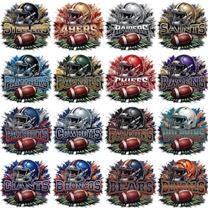 May include: A collection of 16 digital illustrations featuring NFL team logos. Each design includes a team helmet, football, and team name. The teams represented are Steelers, 49ers, Raiders, Saints, Panthers, Packers, Chiefs, Ravens, Patriots, Cowboys, Falcons, Dolphins, Giants, Broncos, Bears, and Bengals.