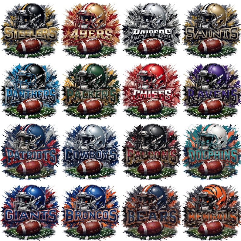 May include: A collection of 16 digital illustrations featuring NFL team logos. Each design includes a team helmet, football, and team name. The teams represented are Steelers, 49ers, Raiders, Saints, Panthers, Packers, Chiefs, Ravens, Patriots, Cowboys, Falcons, Dolphins, Giants, Broncos, Bears, and Bengals.