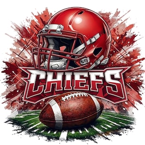 May include: A graphic design featuring a red football helmet, a brown football, and the word "CHIEFS" in white and red. The background has red paint splatter and a green field.
