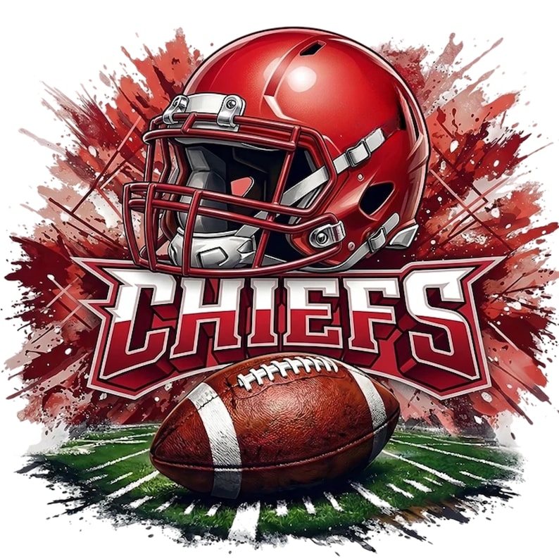 May include: A graphic design featuring a red football helmet, a brown football, and the word "CHIEFS" in white and red. The background has red paint splatter and a green field.