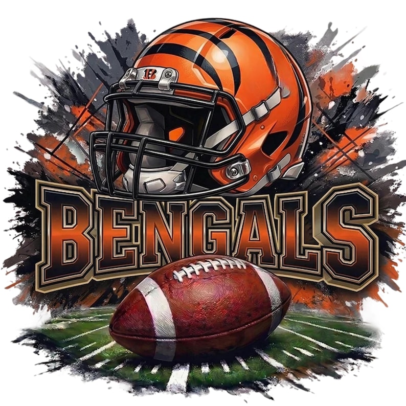 May include: An orange and black football helmet with the word "BENGALS" in orange and black lettering. A brown football with white laces rests on a green field. The design has a grunge style.