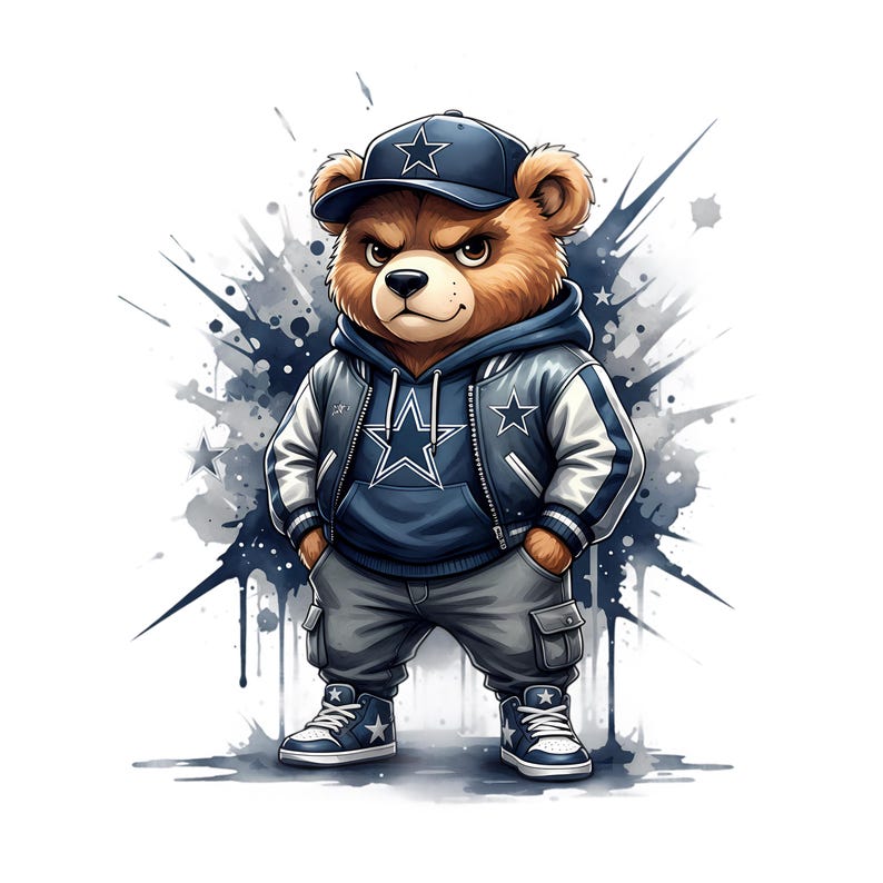 May include: A cartoon bear wearing a blue baseball cap, hoodie, and jacket with white accents. The bear is also wearing gray cargo pants and sneakers. The bear has an angry expression and is standing with its hands in its pockets. A blue and gray splatter design is in the background.