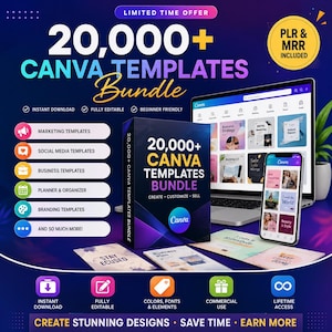 Może przedstawiać: Cyfrowy pakiet produktów zawierający ponad 20 000 szablonów Canva, w tym pudełko, laptop i smartfon z różnymi układami projektów. Grafika zawiera tekst, taki jak Limited Time Offer, PLR & MRR Included, oraz wymienia kategorie, takie jak marketing, media społecznościowe i szablony biznesowe.