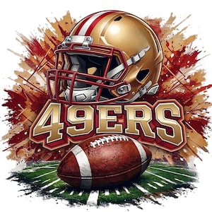 May include: A digital illustration featuring a gold football helmet with red stripes and a red facemask, the word "49ERS" in gold lettering, and a brown football on a green field. Red and brown paint splatter effects are in the background.