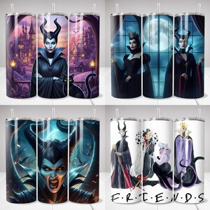 May include: A collection of stainless steel tumblers featuring various images of Disney villains. The designs include Maleficent, the Evil Queen, and other characters. Each tumbler has a straw and a white background.