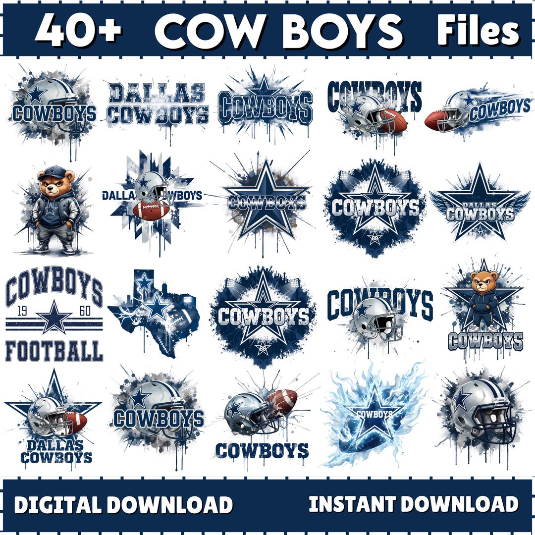 Cowboys Football PNG Bundle – 10 Designs | Dallas Retro Game Day Helmet Clipart | Blue Sta