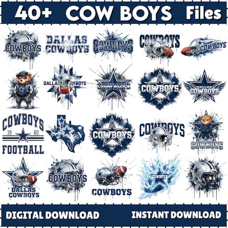 Cowboys Football PNG Bundle – 10 Designs | Dallas Retro Game Day Helmet Clipart | Blue Star Sublimation | 300 DPI Digital Download image 1