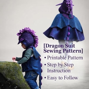 May include: A digital sewing pattern for a dragon suit, featuring text that reads Dragon Suit Sewing Pattern, Printable Pattern, Step by Step Instruction, and Easy to Follow. The image displays a purple and blue dragon costume with a hood.