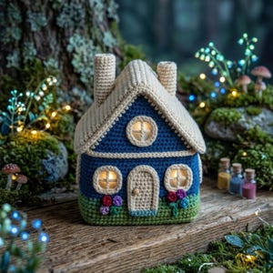 Op de afbeelding: Een handgemaakt gehaakt huis in blauw, beige en groen, met een schoorsteen en een deur. Het huis heeft verlichte ramen en is versierd met bloemen. Het staat op een houten oppervlak, omringd door mos en feeërieke lichtjes.