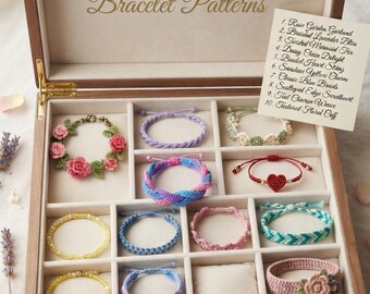 May include: A wooden storage box containing ten crochet bracelets in various colors and designs. The lid interior features the text 10 Unique Crochet Bracelet Patterns, and a card lists the names of the ten patterns included in the set.