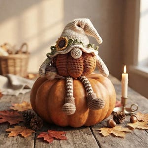 May include: A crochet gnome figurine with a pumpkin-shaped body, a cream-coloured pointed hat adorned with a small sunflower, and dangling striped legs. The gnome sits atop a large, smooth orange pumpkin, featuring a round nose and textured yarn details.