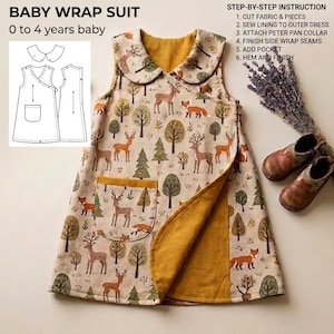 May include: A sewing pattern PDF for a baby wrap suit sized 0 to 4 years. The image shows a sleeveless dress with a Peter Pan collar, a front pocket, and a forest-themed print featuring deer, foxes, and trees on a cream background with mustard lining.