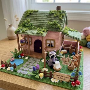 Può includere: Un cottage all'uncinetto fatto a mano con esterno rosa, tetto verde decorato con texture simili al muschio e un portico. La scena include un sentiero in pietra, uno stagno blu, un procione, uno scoiattolo, un filo per il bucato con una camicia e un cartello con la scritta Cozy Crochet Cottage & Friends.