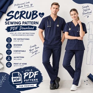 May include: A digital sewing pattern for navy blue medical scrubs, featuring text that reads SCRUB SEWING PATTERN PDF DOWNLOAD, STEP-BY-STEP INSTRUCTIONS FOR BEGINNERS & BEYOND, and PDF PATTERN FOR PRINTING, displayed alongside two people wearing the scrubs.