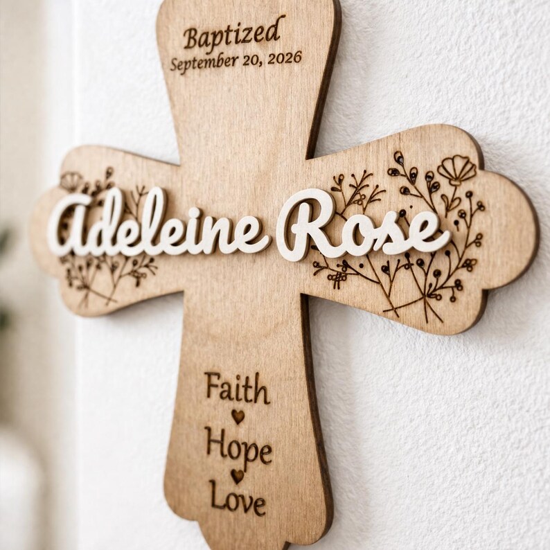 Personalized Wooden Baptism Cross | Custom Name, Date, Floral Engraved ...