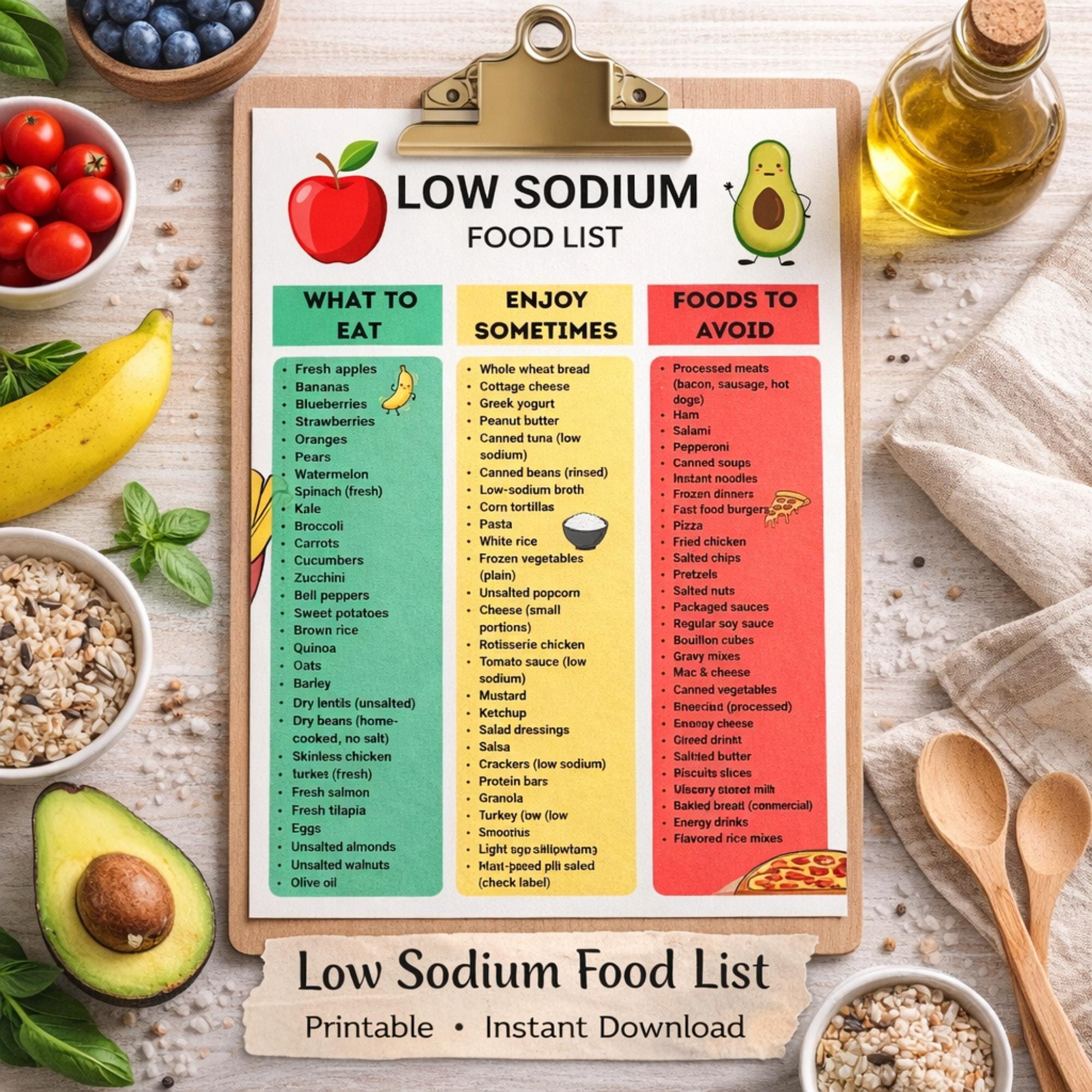 Low Sodium Food List Printable Pdf, Instant Download, Diet Guide for ...