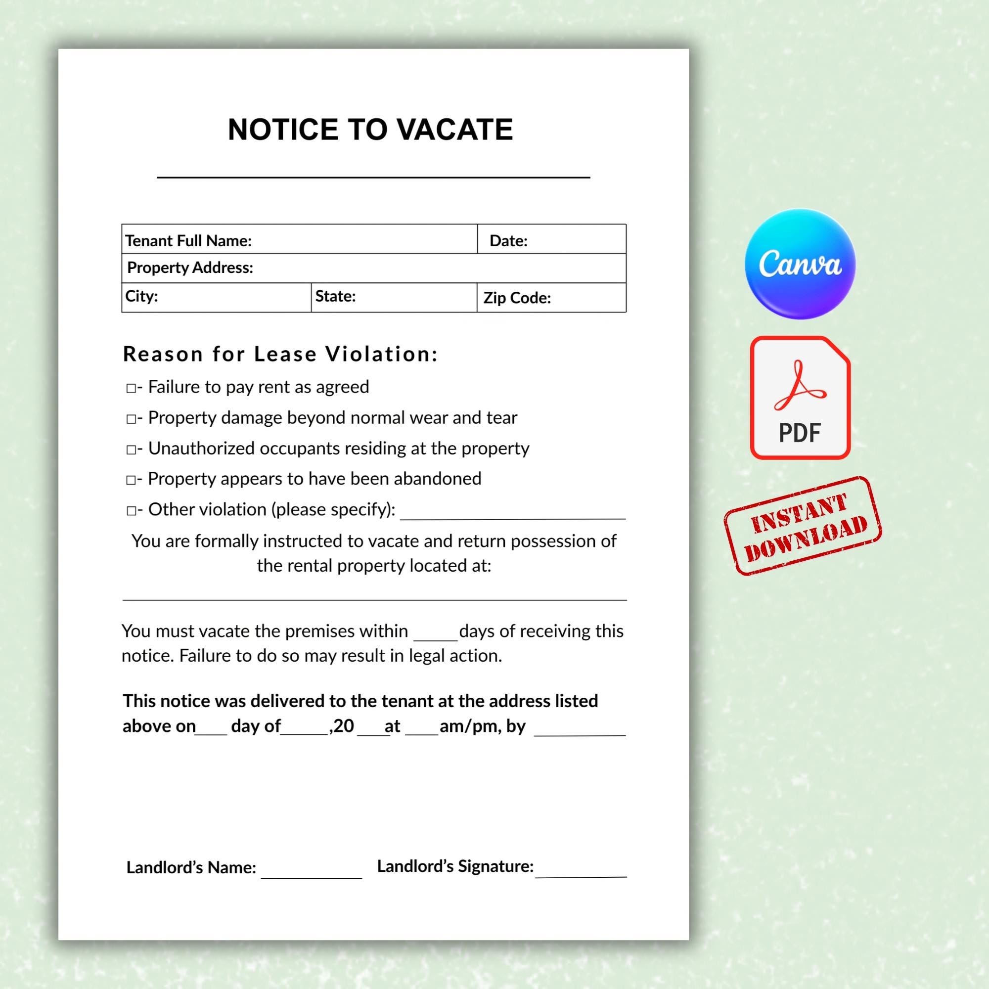 Notice to Vacate Template | Editable Eviction Notice & Lease ...