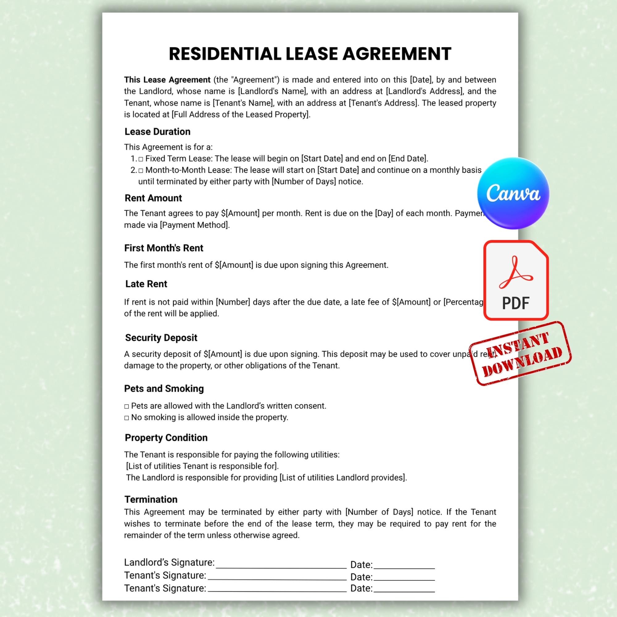 Editable Lease Agreement Template, Customizable Rental Contract Pdf ...