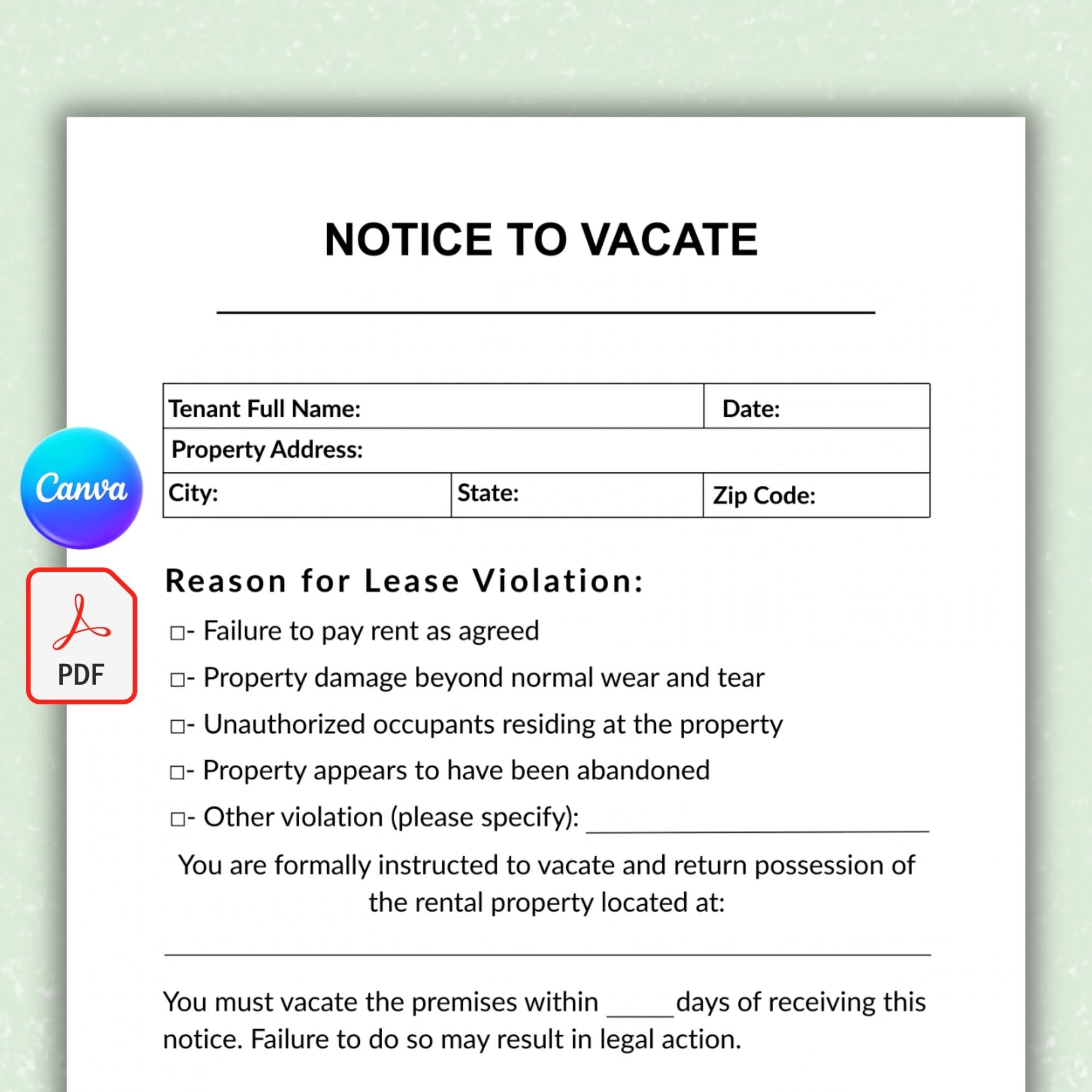 Notice to Vacate Template | Editable Eviction Notice & Lease ...