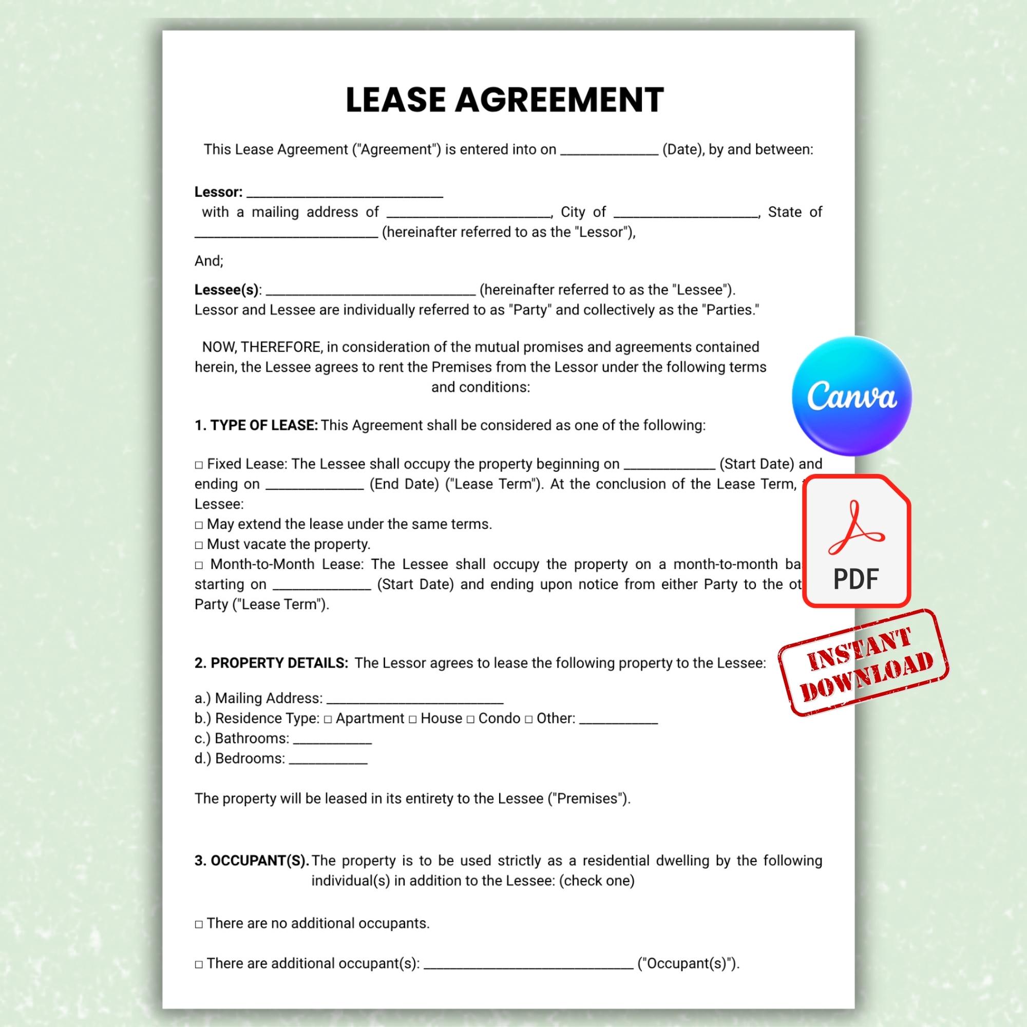 Editable Lease Agreement Template, Customizable Rental Contract Pdf ...