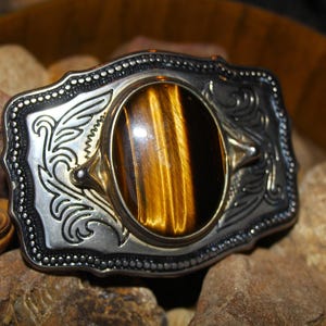 Vintage Tigers Eye Natural Stone Rodeo Belt Buckle, Cowboy - Cowgirl Western Buckle, image 3