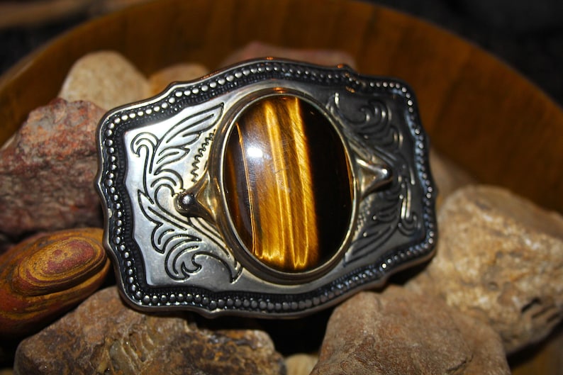 Vintage Tigers Eye Natural Stone Rodeo Belt Buckle, Cowboy - Cowgirl Western Buckle, image 3