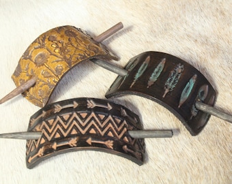 Real Tooled Leather Hair Slide with Wooden Stick, Rustic Barrette, Hair pin,