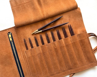 The Artisan Walnut Interchangeable Knitting Needle Set with Handmade Leather Roll