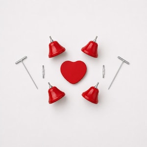 May include: A set of four red bells, a central red heart-shaped component, two silver T-shaped tools, and two small silver cylindrical connectors arranged symmetrically on a plain background. The components feature smooth red and metallic finishes.