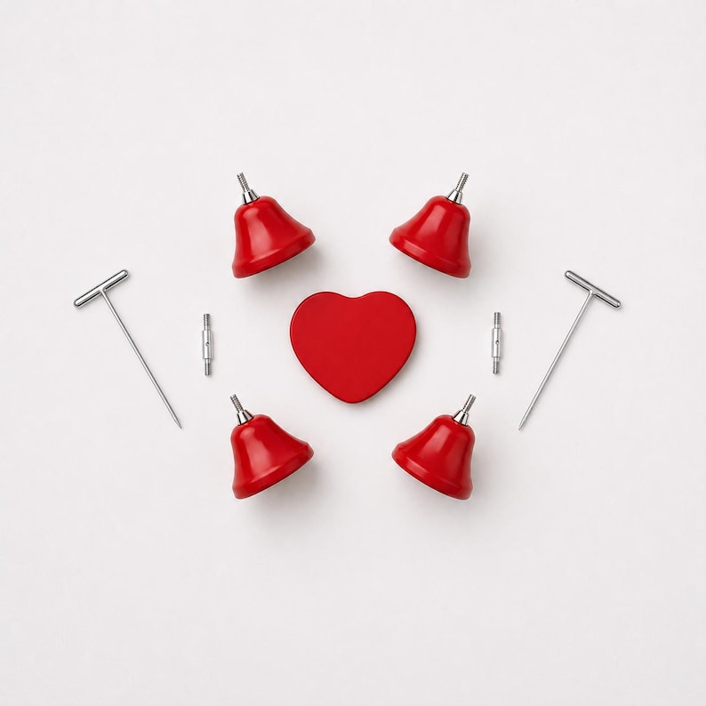 May include: A set of four red bells, a central red heart-shaped component, two silver T-shaped tools, and two small silver cylindrical connectors arranged symmetrically on a plain background. The components feature smooth red and metallic finishes.