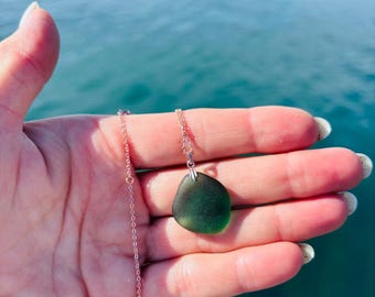 Sea Glass Necklace 45 + 5 cm - Handmade Beach Sea Glass Jewelry - Unique Real Sea Glass Pendant  - 925 silver chain Red gold plated