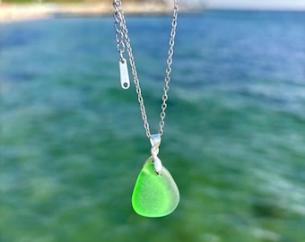 Handmade Real Sea Glass Necklace - Pendant with stainless steel chain  18k gold plated