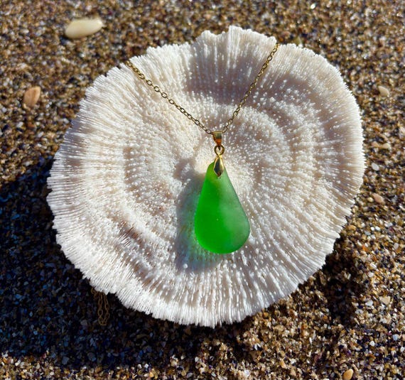 Handmade Real Sea Glass Necklace - Pendant with stainless steel chain  18k gold plated