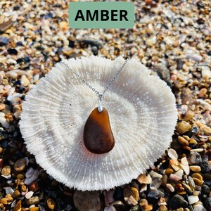 May include: An amber-colored pendant necklace with a silver chain rests on a white coral-like structure. The background is a beach scene with pebbles and shells. The word "AMBER" is displayed in a green rectangle.