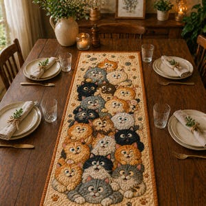 May include: A whimsical table runner featuring a repeating pattern of smiling cat faces in various colors, including gray, orange, and black. The runner is placed on a dark wooden table, surrounded by place settings with plates, napkins, and glasses. The cat-themed design adds a playful touch.
