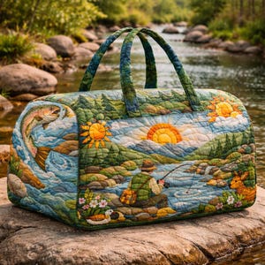 May include: Quilted duffel bag featuring a fishing scene with a trout, fisherman, sun, and deer. The bag has a blue, green, and yellow color scheme with two handles. The bag is sitting on a rock near a river.