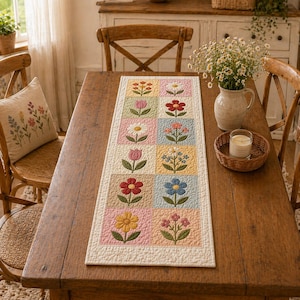 May include: A floral quilted table runner with a cream-colored border. The runner features a repeating pattern of colorful embroidered flowers in square blocks. The table is made of wood, and a pillow with floral embroidery is on a wooden chair.