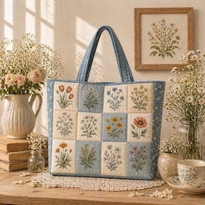 May include: A quilted tote bag with a floral patchwork design. The bag features a light blue denim handle and trim. The patchwork includes squares with various embroidered flowers in shades of orange, yellow, and blue. The bag is sitting on a wooden surface.