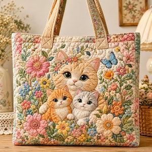 May include: Quilted tote bag featuring a charming design of three cats surrounded by colorful flowers and a blue butterfly. The bag has sturdy handles and a floral pattern on the straps. The background is a cream color.