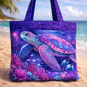 Bolso de mano acolchado morado con diseño de tortuga marina – Bolso de mano con estampado de animales marinos, bolso de hombro acolchado de tela, bolso de viaje de verano con diseño de animales del océano, regalo para ella, Día de la Madre