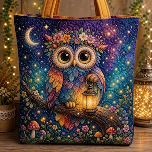May include: Quilted tote bag featuring a colorful owl perched on a branch, holding a lantern. The owl is adorned with a floral crown against a starry night sky background. The bag has yellow handles and a detailed, whimsical design.