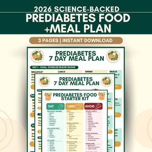 Peut inclure: Un téléchargement numérique présentant un plan de repas de 7 jours et un kit de démarrage alimentaire pour le prédiabète. Le document comprend des listes d'aliments à manger, à limiter et à éviter, avec le texte "2026 Science-Backed Prediabetes Food + Meal Plan."