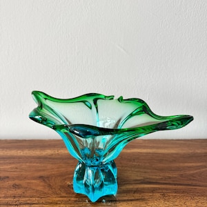 Large 12.5"" Vintage Murano Sommerso Art Glass Console Bowl – Emerald & Aqua Blue