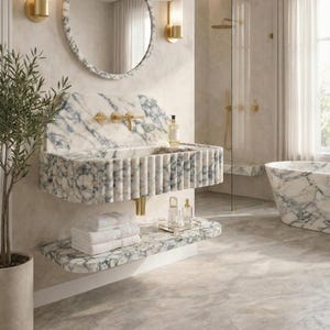 May include: A stylish bathroom with a marble sink, shelf, and bathtub, complemented by gold fittings. The sink has a fluted design, and the shelf holds towels and toiletries. A round mirror and sconces are on the wall, with a shower and window visible.